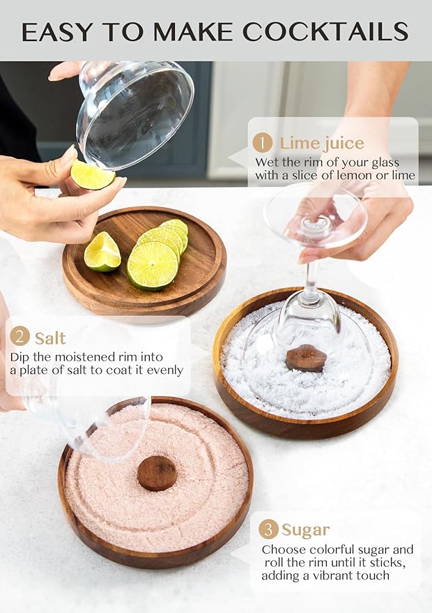 Nucookery 3-Tier Wood Bar Glass Rimmer, 5.6" Margarita Salt Rimmer Set, Sugar and Salt Rimmer Tray for Juice Cocktails, Bartender Bar Party Tool, Drinks Bar Accessories Box for Home Bar (Acacia Wood)