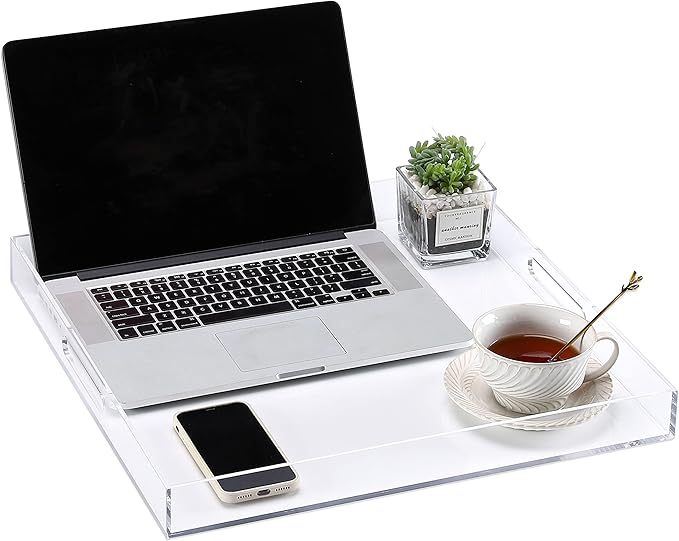 Large Clear Acrylic Serving Tray with Handles-24x24x2 Inch Spill Proof Tray for Ottoman,Coffee Table, Breakfast, Tea, Food, Butler -Safe Edge Organizer-King Size