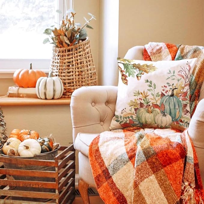 DFXSZ Fall Pillow Covers 16x16 inch Set of 2 Green Watercolor Pumpkin Fallen Leaves Decorative Throw Pillow Covers Autumn Thanksgiving Farmhouse Decoration for Home Couch TH27-F16