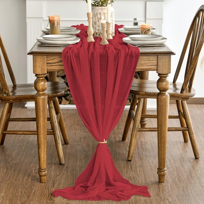 Artoid Mode Boho Cheesecloth Gauze Red Wedding Table Runner, 120 Inch Seasonal Christmas Fabric Kitchen Dining Holiday Table Decor for Home Party Indoor