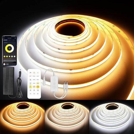CCT COB LED Strip Lights, 49ft Dimmable 2700K-6500K 24V Tunable White LED Light Strip Kit, High Density CRI 90+ LED Strips with Remote Controller and Power Supply, for Bedroom Kitchen Home Lighting