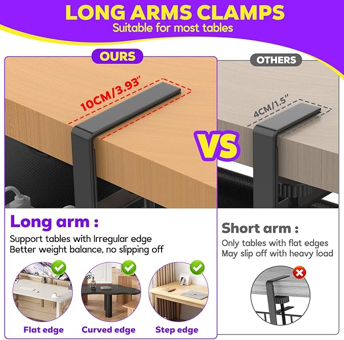 Under Desk Cable Management Tray, REFLYING 14.6" Cable Management Under Desk No Drill,Adjustable Clamp Cord Wire Organizer, Cord Hider for Standing Table, Wire Hider for Office,Home (Small)