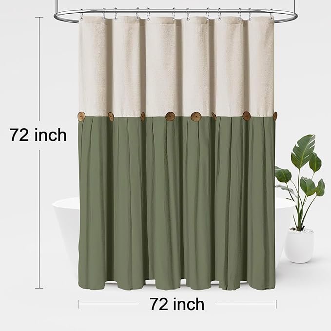 Awellife Farmhouse Cream Shower Curtain Button Linen Textured Woven Fabric,Country Style (Cream & Green, 72" W x 72" L)