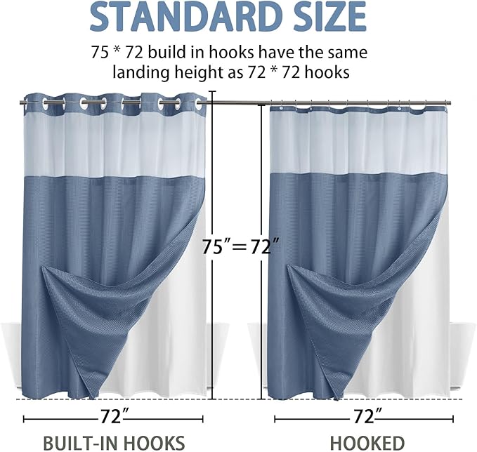 YellyHommy No Hook Shower Curtain with Snap in Liner Set Less Time Waffle Shower Curtain for Bathroom 75" L x 72" W Sky Blue