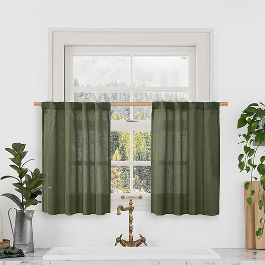 LAMIT Olive Green Linen Window Curtains 30 Inches Long 2 Panels, Semi Sheer Light Filtering Panels Back Tab and Rod Pocket Christmas Drapes for Basement/Small Windows, 34 x 30 Inch