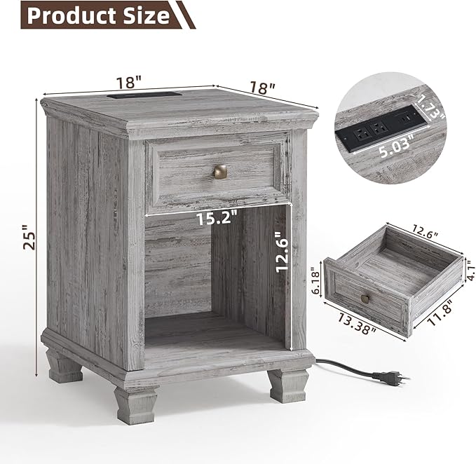 Farmhouse End Tables Living Room Set of 2, Rustic Wood Nightstand with 1 Drawer, Bedside Table with Open Shelf for Bed Room, Side Table for Living Room, Grey