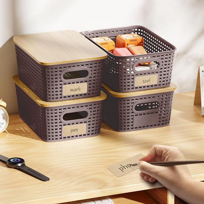 Small Storage Bins with Bamboo Lids, Decorative Plastic Storage Box with Lids, 5QT Stackable Organizing Baskets with Lable for Classroom, Office, Desktop, Closet, Shelf, 10x7.1x4.1 In, Brown, 6 Pack