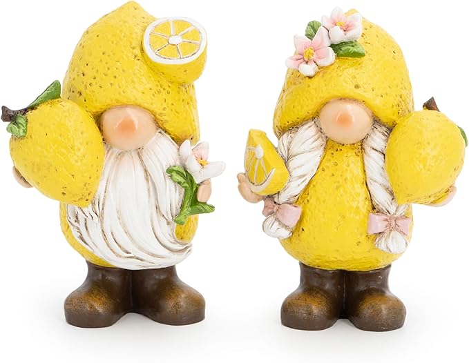 Hodao Set of 2 Lemon Gnome Figurines Sets - Lemon-Themed Gnomes Indoor Home Decor for Summer - Decorative Gnomes for Kitchen, Living Room, or Shelf - Cute Yellow Ornaments for Thanksgiving (Yellow-1)