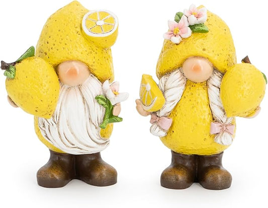 Hodao Set of 2 Lemon Gnome Figurines Sets - Lemon-Themed Gnomes Indoor Home Decor for Summer - Decorative Gnomes for Kitchen, Living Room, or Shelf - Cute Yellow Ornaments for Thanksgiving (Yellow-1)