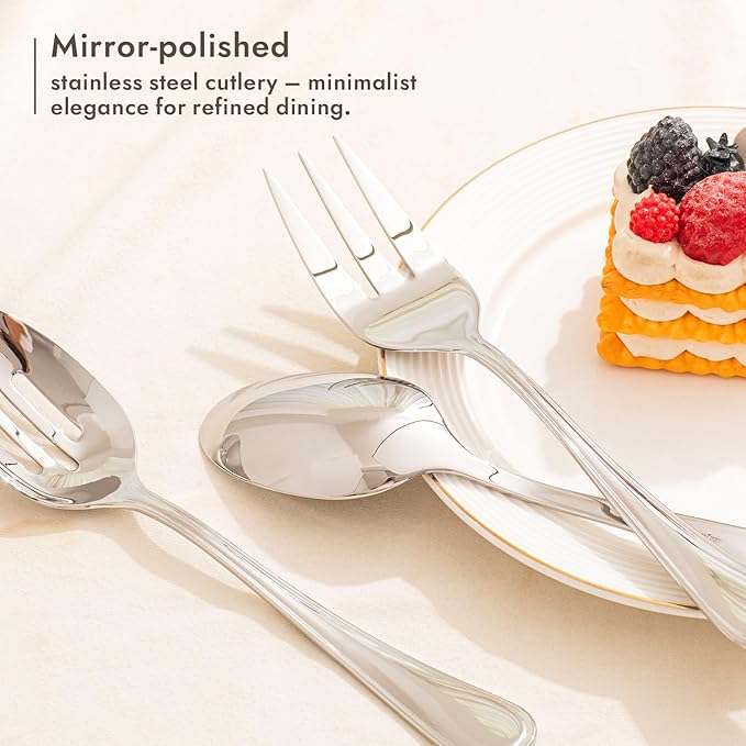 KINGSTONE 16 Piece Teardrop Serving Utensils Set, 18/10 Stainless Steel Serving Utensils, Slotted Spoons, Forks, Tongs, Cake Server, Butter Knife for Buffet, Catering, Wedding, Party
