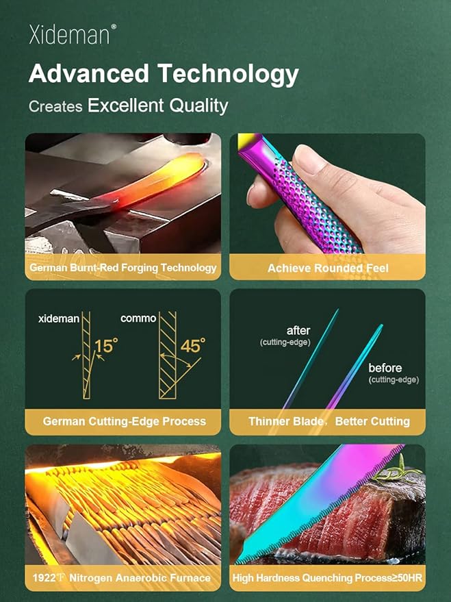 16-Piece Modern Hammered Rainbow Silverware Set with Ultra Sharp 2-IN-1 Serrated Knife, 18/10 Stainless Steel Iridescent Flatware Set Service for 4, Luxury Cutlery Set, Forks Spoons Knives Set