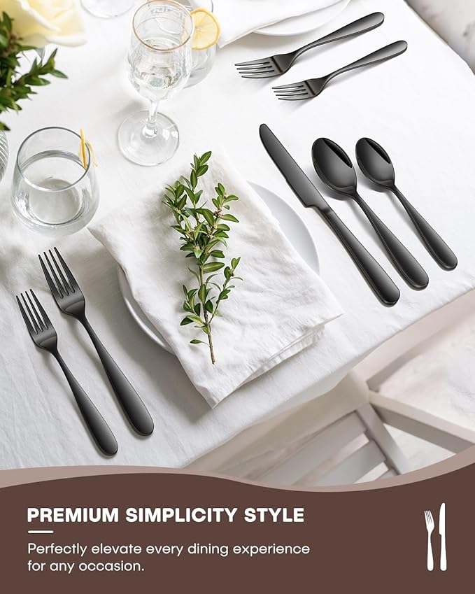 Black Silverware Set, Ollex 20PCS Flatware Set Black for 4 Stainless Steel Eating Utensils Sets Mirror Finish Include Forks Spoons and Knives Tableware Kitchen Cutlery Sets, Dishwasher Safe