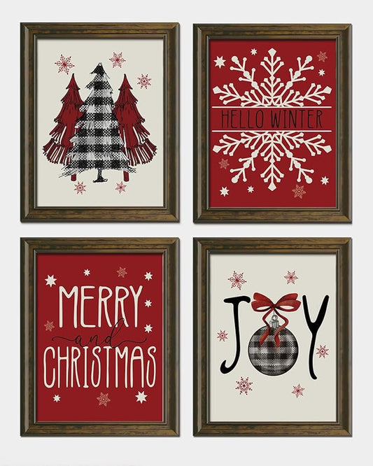 Wheatwin Christmas Wall Decor, Merry Christmas Wall Art Prints Set of 4, Winter Decor for Bathroom Farmhouse Living Room Bedroom Office, 8x10 (Unframed)