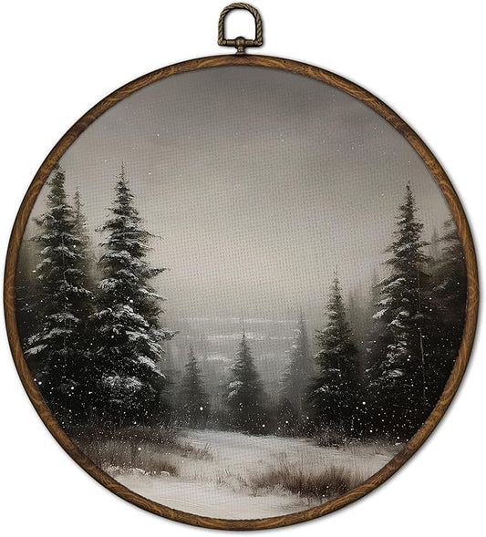 cvjutf Vintage Winter Christmas Forest Landscape Scene Wall Art Framed, Rustic Christmas Trees Round Wall Decor,Winter Nature Canvas Prints Art for Bedroom Bathroom,Xmas Decorations for Home, 10x10 In
