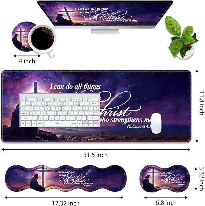 4 in 1 Ergonomic Memory Foam Mouse Pad Wrist Rest Set, Large XXL Gaming Desk Pad + Keyboard Wrist Rest + Mouse Wrist Cushion + Coaster for Home Office Study Gaming, Bible Verse Philippians 4:13