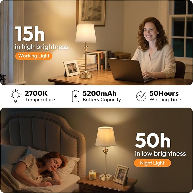 NIORSUN Portables Cordless Table Lamp,Battery Operated Lamp,5200mAh Bedside Table Lamp with Warm White,3 Way Dimmable Touch Desk Lamp for Bedroom Living Room Restaurant White Shade (Gold)