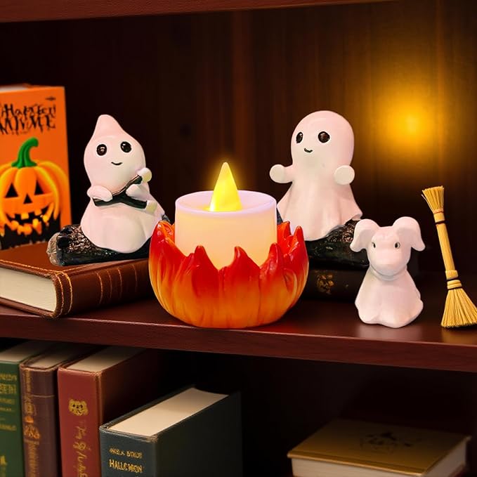 2025 Ghost Campfire Nightlight, Cute Halloween Ghost Figurine, Spooky Ghost Halloween Decorations, Adorable Halloween Decor Indoor for Home Mantel Tabletop Party (with Dog)