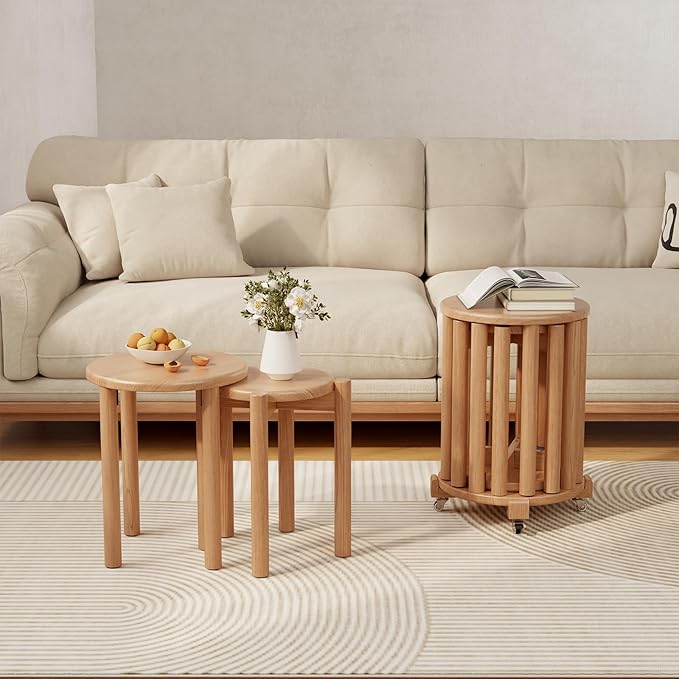 Stackable Stools Set of 4, Wooden Stool 18 Inch Stool Stackable Side Tables Nesting Table Sturdy and Durable, No Installation Required for End Table,Top Stackable Round Stools (Natural Mobile)