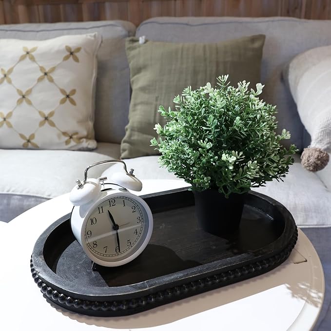 Vintage Black Oval Wood Decorative Ottoman Tray for Coffee Table Kitchen Counter, Living Room, Handcrafted Wooden Serving Tray for Table Centerpiece