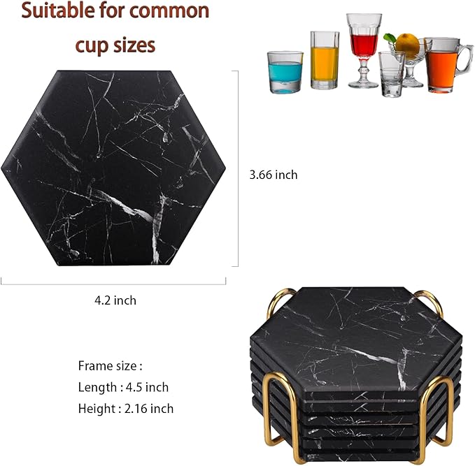 Absorbent Hexagon Black Marble Coasters for Drink with Gold Holder and Cork Base Set of 6 Decorative Tabletop Protection for Bar Kitchen Home and Dining Room