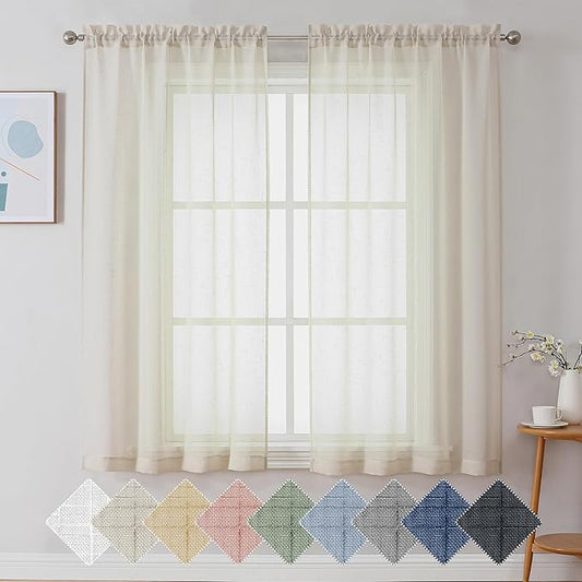 Aiyufeng Kirei Farmhouse Faux Linen Sheer Curtains 63 Inches Long, Light Filtering Solid Drapes for Window, 1 Pair Natural Linen Look Curtains Sheer for Bedroom (Set of 2, 40 by 63Inch, Natural)