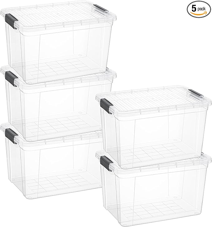 Superio Clear Storage Boxes with Lids, 26.5 Quart Plastic Container Bins for Organizing, Stackable Crates, BPA Free, Non Toxic, Odor Free, Organizers for Home, Office and Dorm, 5 Pack