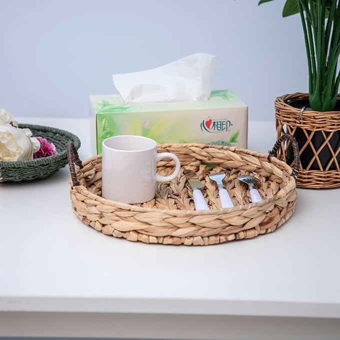 Water Hyacinth Round Tray Natural Coffee Table Tray with Handles Ottoman Table Trays for Coffee, Breakfast and Dinner, 11.8-inch,Decoratve Serving Trays.
