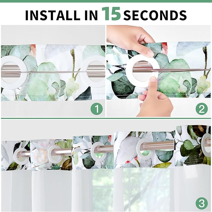 QiyI No Hook Shower Curtain with Snap in Fabric Liner, Sage Green Eucalyptus Shower Curtain with See Through Top Window, Waterproof Washable Cloth Ringless Shower Curtain Set for Bathroom, 36 x 75