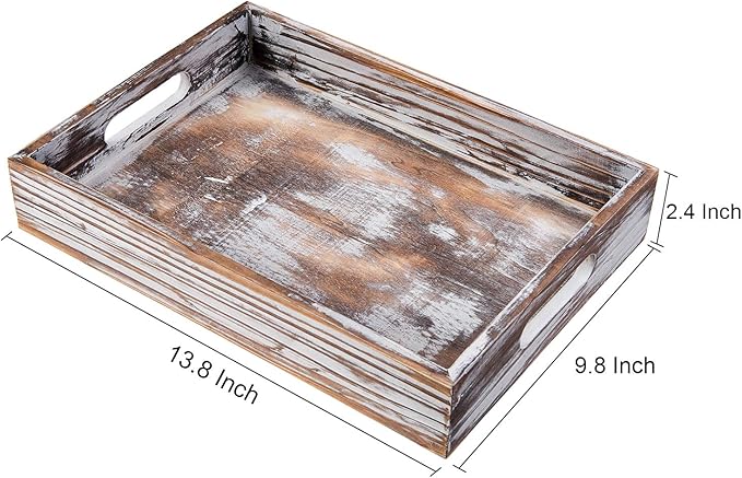 Rustic Whitewashed Wood Food Serving Tray Cutout Carrying Handles Breakfast in Bed Coffee Platter Table Wine Brown Rectangular Nesting Crate Desktop Document Holder Office Home Kitchen