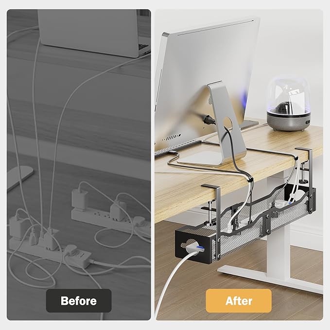 DELAMU 25'' Upgraded Under Desk Cable Management, No Dill Desk Cable Management with F-Clamp, Metal Cable Management Tray to Cord Organizer for Home Office, 1 Pack, Black