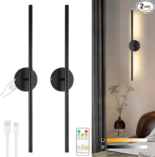 Wireless Battery Operated Wall Sconces with Remote, Black Rechargeable Led Wall Lights Set of Two, Cordless Dimmable Battery Powered Wall Lamp Decor for Bedroom Living Room, 3 Color, 28 Inch