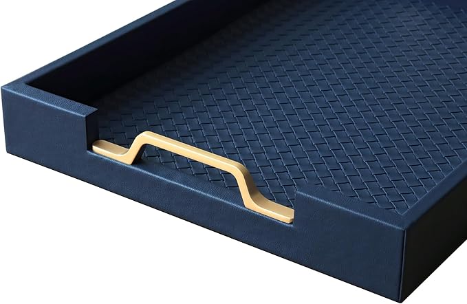 HofferRuffer Faux Leather Rectangle Serving Tray Decor Platter with Gold Metal Handles for Coffee Table, Breakfast, Tea, Food, Countertop, Kitchen, Butler Tray, 16.2 x 12.2 x 2 inches (Navy Blue)