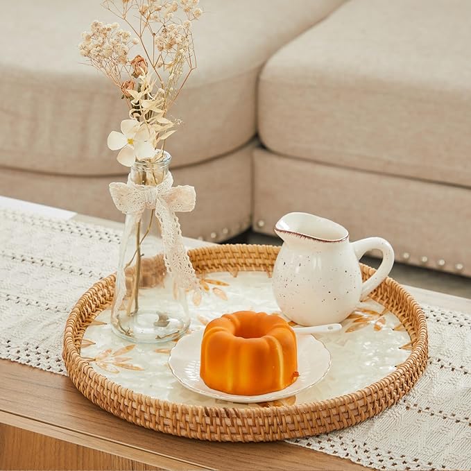 Shellac Rattan Tray with Mother of Pearl Inlay, Round Decorative Serving Tray for Home Décor Coffee Table Storage and Display, 100% Natural Materials - Orange 12"