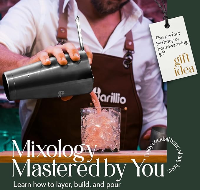 Barillio Black Mixology Bartender Kit - 8-Pc Stainless-Steel Travel Cocktail Shaker Set with Bag - Bar Tools w/Martini Shaker, Drink Mixer Spoon & Mojito Muddler for Cocktails - Bar & Bartending Kit