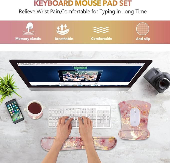 AIMSA Mouse Pad Wrist Support Set Keyboard Wrist Rest, Ergonomic Memory Foam Non-Slip Base Easy Typing Pain Relieve for Computer Laptop Home Office, Pink Gilt Marble
