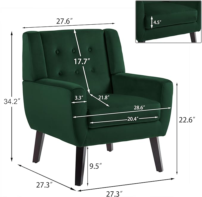 UIXE Velvet Accent Chairs Set of 2, Modern Arm Chair Upholstered Living Room Armchair, Comfy Button Tufted Reading Seat Bedroom Side Sitting, Retro Green