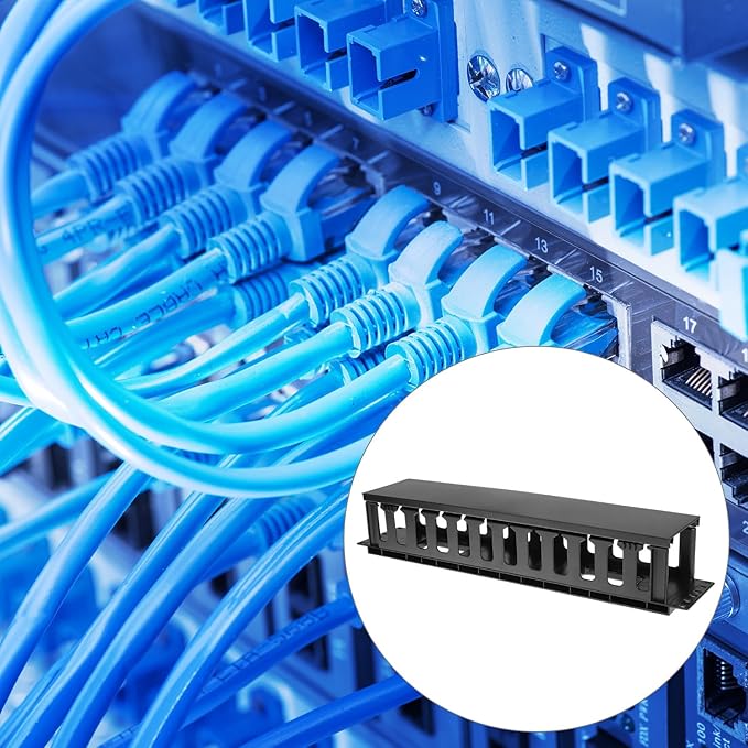 QWORK 4 Pack 2U Horizontal Rack Mount Cable Management Organizer, 19x3.5x3.4 Inches, Black Quality Plastic with 12 Slots