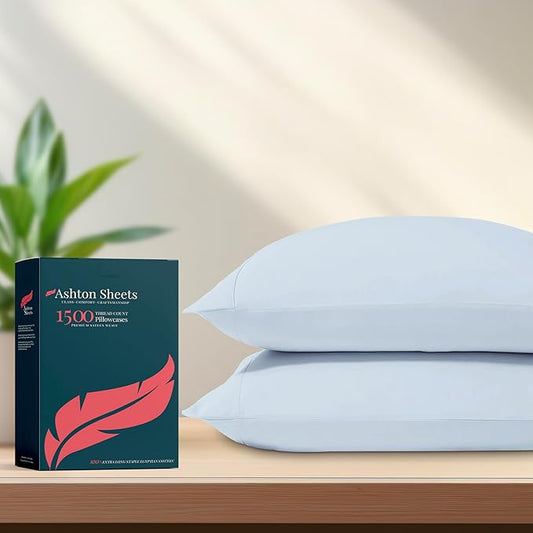Ashton Sheets 100% Egyptian Cotton Pillow Cases King Size Set of 2-1500 Thread Count Sateen Weave Light Blue Pillow Covers, Silky Soft, Breathable & Cooling Pillowcases, Fits King Size Pillows