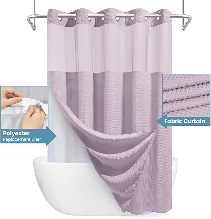 Lavender Long No Hook Shower Curtain with Snap in Liner,230GSM Waffle Weave Shower Curtains for Bathroom,71W x 86H