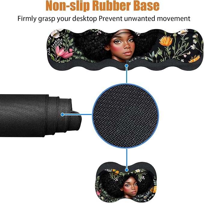 4 in 1 Ergonomic Keyboard Wrist Rest & Mouse Pad Wrist Rest Set, Large XXL Gaming Desk Mat 31.5"x 11.8" with Non-Slip Base, Memory Foam for Home Office Study Gaming, American Black Girl