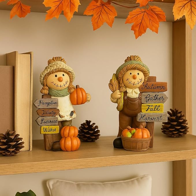 iStatue Thanksgiving Decorations Fall Scarecrow Figurines – 2 Pack 5.5‘’ Resin Harvest with Pumpkins & Signs, Autumn Home Décor Accents for Table, Shelf, Fireplace and Entryway (Beige)
