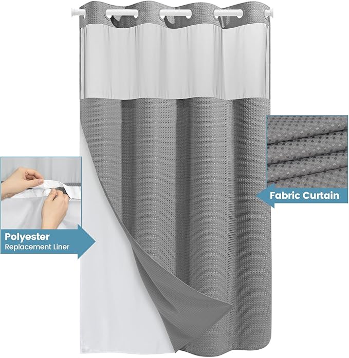 Grey Stall Shower Curtain and Liner Set - 230GSM Waffle Weave Textured Heavy Duty,Hotel Luxury Weighted Bath Curtain,54W x 80H