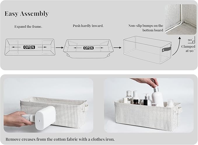 StorageWorks Narrow Storage Bins, Small Basket for Closet and Shelves, Fabric Organizer with Handles, Toilet Paper Storage, Khaki and Beige Stripes, 2-Pack