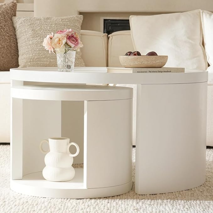 Round Nesting Coffee Table Set of 2,31.5" Large & 18" Small Low Tables with Wood Look Top,Space-Saving Side Tables for Living Room,Bedroom,Office,Minimalist Center Table Set (White, L+S)