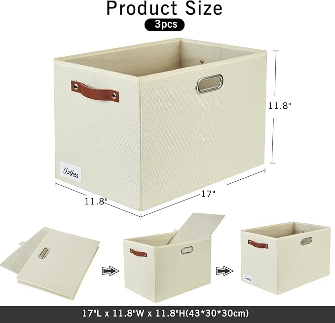 3-Pack Foldable Fabric Storage Bins with Durable PU & Metal Handles, Collapsible Storage Baskets for Shelves, Home Storage, Closet Organizers, Living Room(17"x11.8"x11.8", Beige)