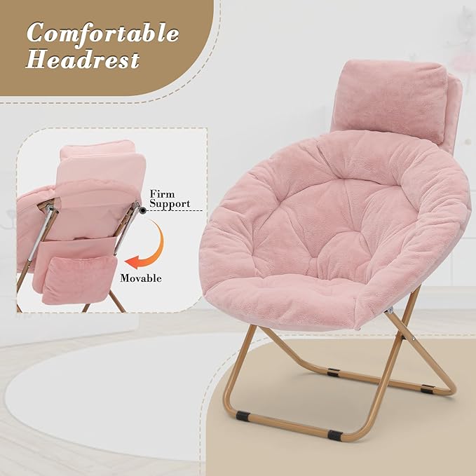 Athena Collection Comfy Saucer Chair with Headrest Oversize Round Cozy Chair Folding Chair Faux Fur Metal Frame Foldable Reading Chair Accent Chair for Bedroom Living Room Set of 2, Pink