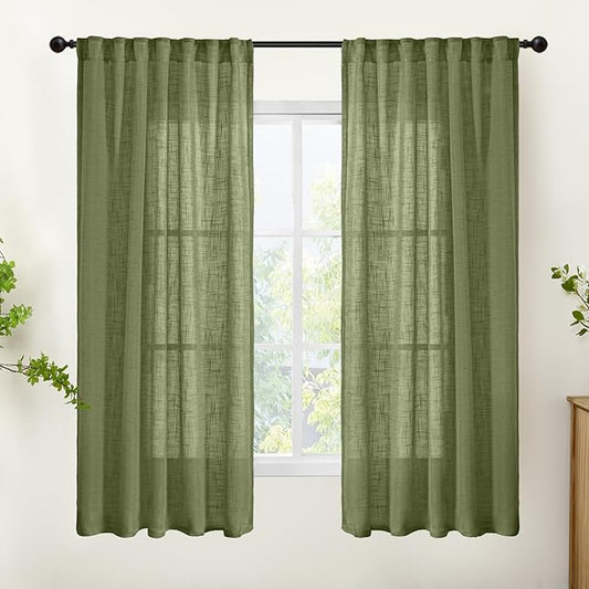 YoungsTex Olive Green Linen Semi Sheer Curtains 63 Inch Length for Living Room Window, Light Filtering Drapes Rustic Textured with Rod Pocket Back Tab for Bedroom, 2 Panels, 42 X 63 Inch