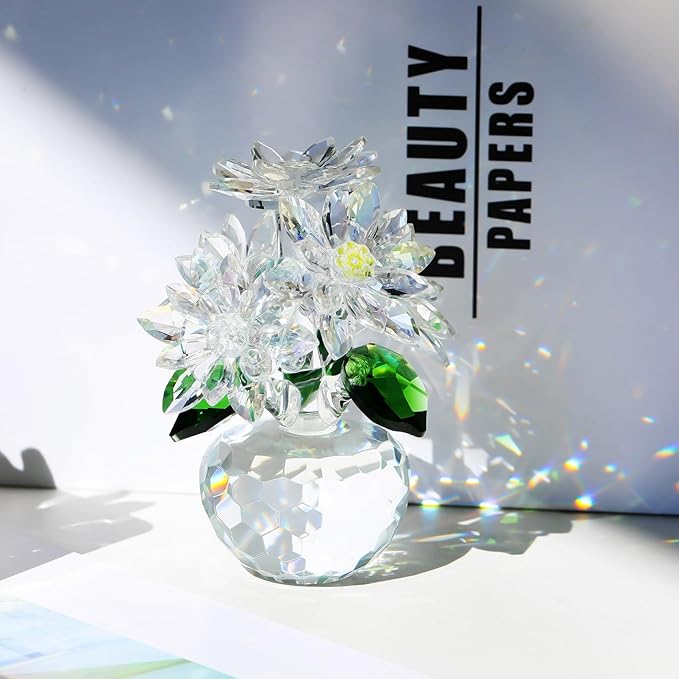 Enjinkail Handmade Crystal Daisy Figurine - Clear Glass Flowers Gifts for Women, Elegant Home Decor & Table Centerpiece