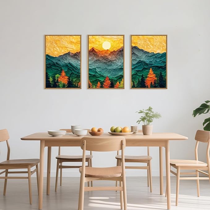 Abstract Mountain Framed Canvas Wall Art Set, Forest Pine Tree Golden Sunset Wall Decor, Mixed Patchwork Landscape Art Print for Living Room, Bedroom, Dining Room, Office - 24"x36"x3