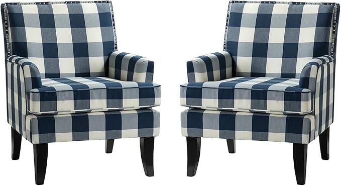 HULALA HOME Modern Accent Chairs Set of 2, Farmhouse High Back Buffalo Plaid Chairs with Wooden Legs & Nail Head Trim, Comfy Upholstered Armchairs for Living Room/Bedroom (Buffalo Navy)